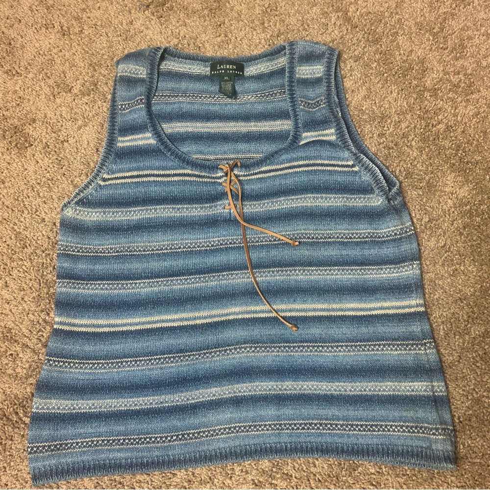 Vintage Lauren Ralph Lauren Blue Stripe Sweater Vest Linen Blend Western Fall